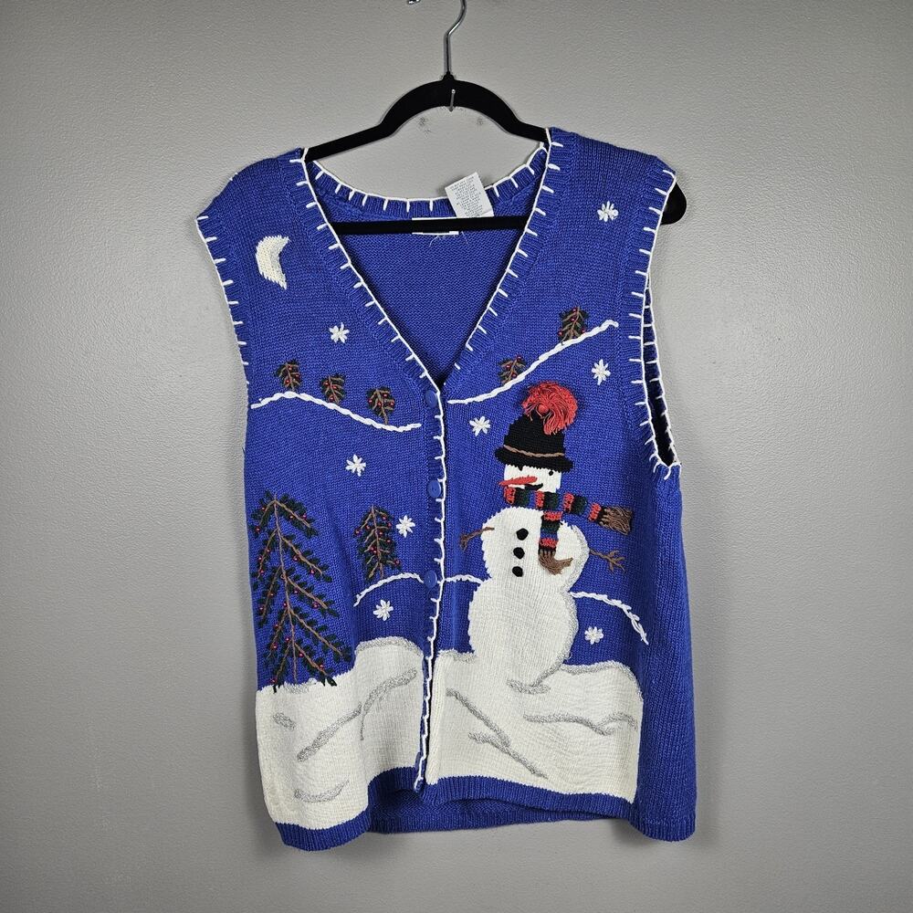 Vintage Snowman Holiday Sweater Vest Bold Blue Knit Whimsical Embroidered Winter